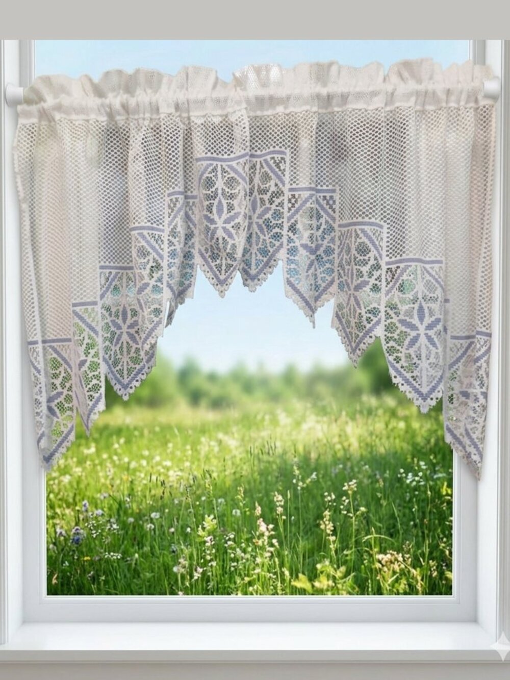 vintage white lace swag valance with a blue pattern & triangle edge